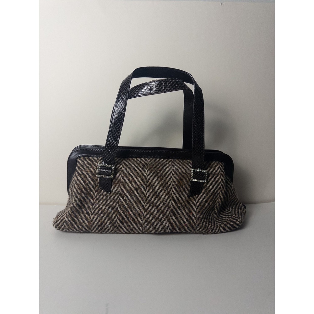 VTG Y2K Kate Spade Tweed Herringbone Handbag Womens Brown Snakeskin